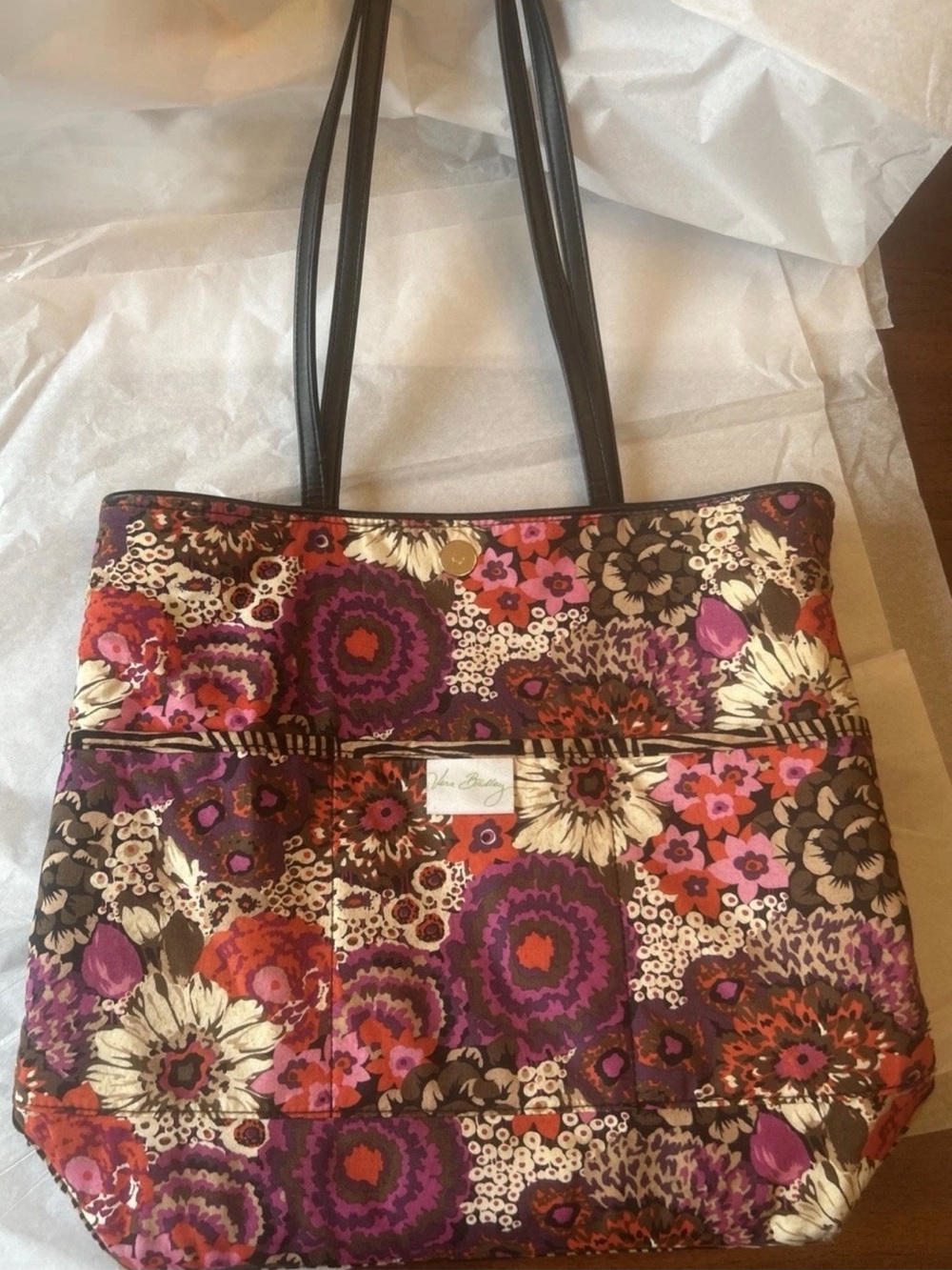 Vera Bradley Reversible Floral - Zebra Tote Bag Snap Closure Lined Inner Pockets